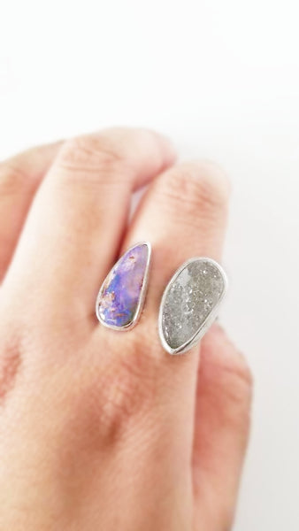 Opal & Druzy floating ring, size 6.75-7