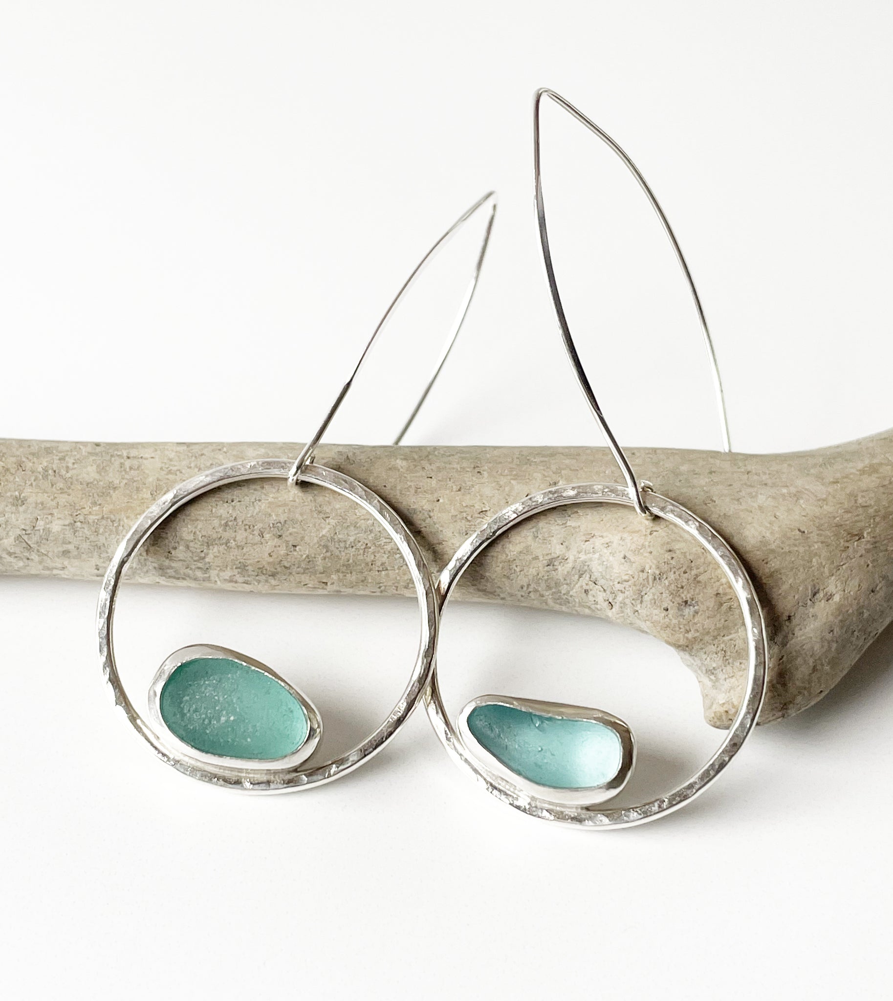 Large circle earrings with aqua sea glass