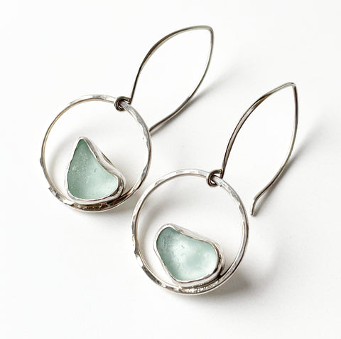 Medium circle earrings with aqua sea glass