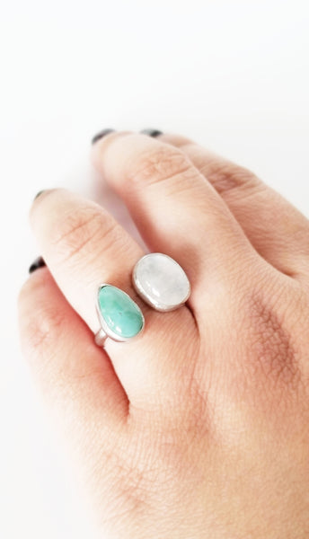 Turquoise & Rainbow Moonstone floating ring, size 6